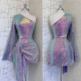 One-Shoulder Sequin Homecoming Dress with Single Long Sleeve